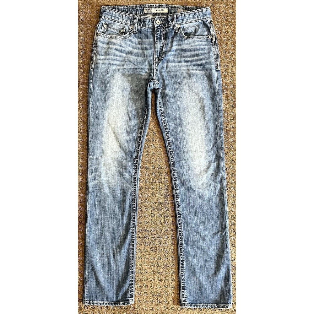 BKE Asher Jeans Mens 33L Med Wash Denim Straight Leg Whiskered Grunge Faded